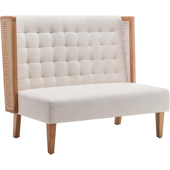 Rattan Arm Loveseat Settee, Upholstered Modern Mini High-Back Sofa Couch, Banquette Dining Bench for Living Room, Bedroom, Office, Small Space, Entryway, Beige