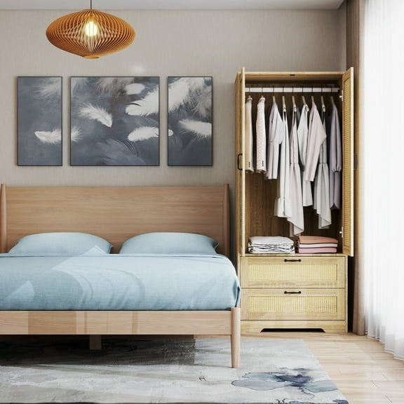 Rattan Armoire Wardrobe Closet with 2 Drawers, Modern WoodenBedroom Armoire with Doors, Clothing Storage Cabinet withHanging Rod,for bedroom