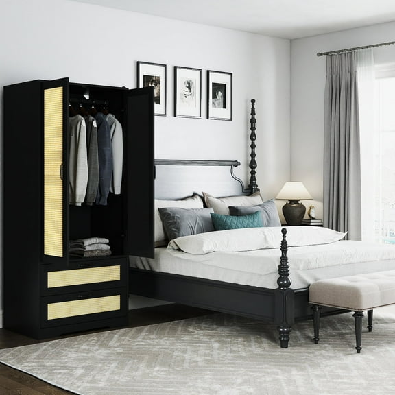 Rattan Armoire Wardrobe Closet with 2 Drawers, Modern WoodenBedroom Armoire with Doors, Clothing Storage Cabinet withHanging Rod,for bedroom