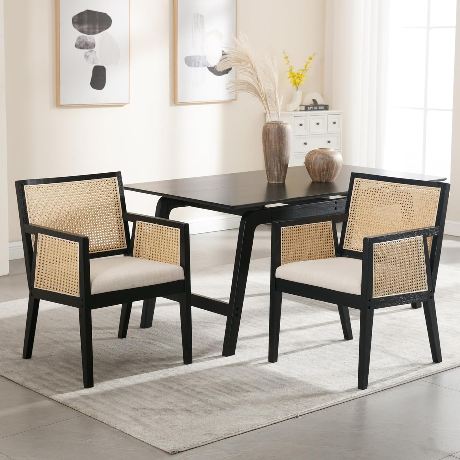 Rattan Back Dining Chairs with Arms Set of 2, Mid Century Modern Dining