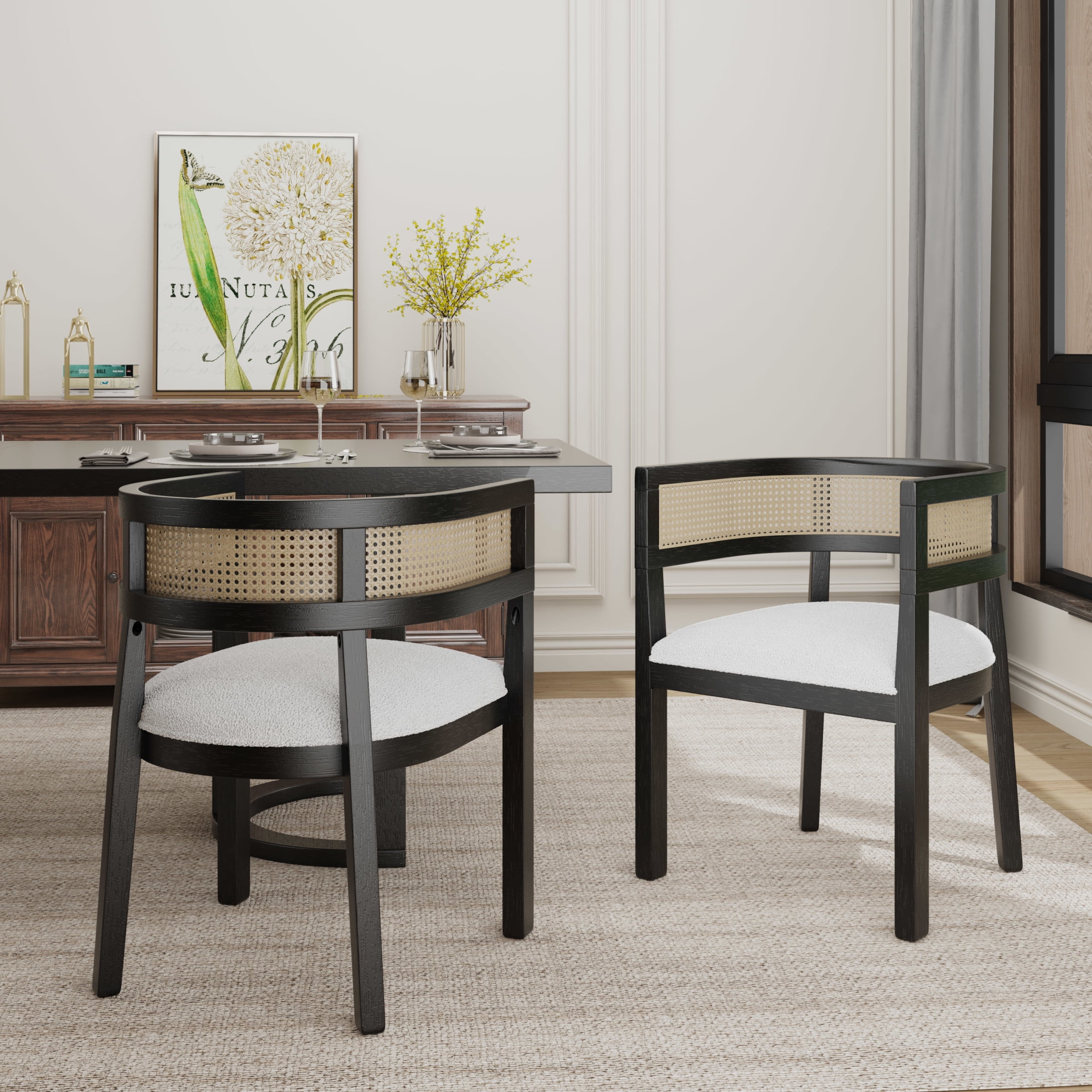 Christopher Knight Home Upholstered Dining Chairs, Wood Frame with Rattan Round Backrest, Black, Set of 2