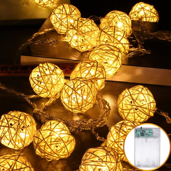 Rattan Ball String Lights, 10FT 20LED Battery Operated Sphere Christmas Lights, Indoor Fairy String Lights Decorative for Bedroom Party Wedding, Warm White