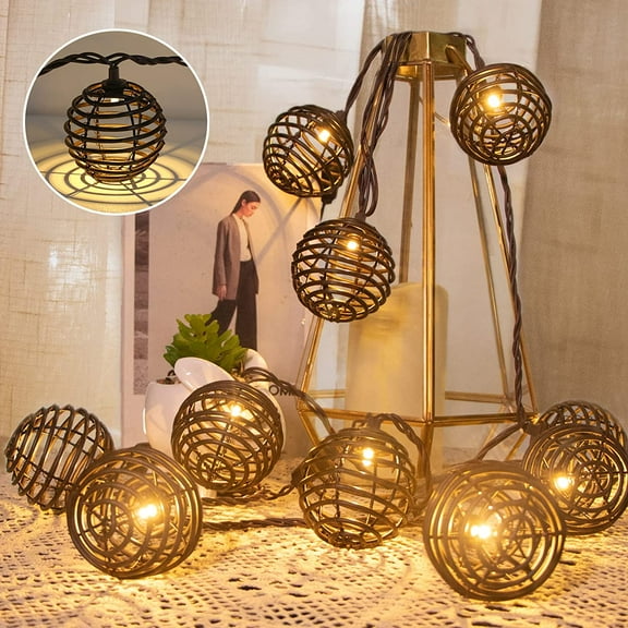 Rattan Ball String Lights, Boho Lantern String Lights with 10 Led Bulbs Connectable, Indoor Outdoor String Light for Bedroom Wedding Garden Party Backyard Decor, 9.84FT