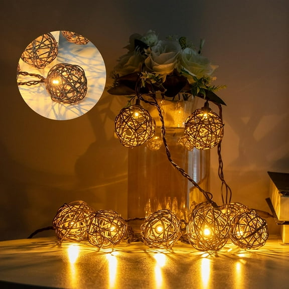 Rattan Ball String Lights, Boho Lantern String Lights with 10 Led Bulbs Connectable, Indoor Outdoor String Light for Bedroom Wedding Garden Party Backyard Decor, 9.84FT