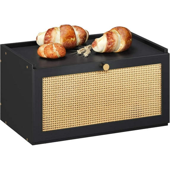 Rattan Bamboo Bread Box for Kitchen Counter Large Capacity Bread Storage Bin Farmhouse Bread Storage Container Rustic Bread Holder (Black)