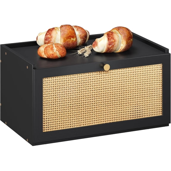 Rattan Bamboo Bread Box for Kitchen Counter Large Capacity Bread Storage Bin Farmhouse Bread Storage Container Rustic Bread Holder (Black)