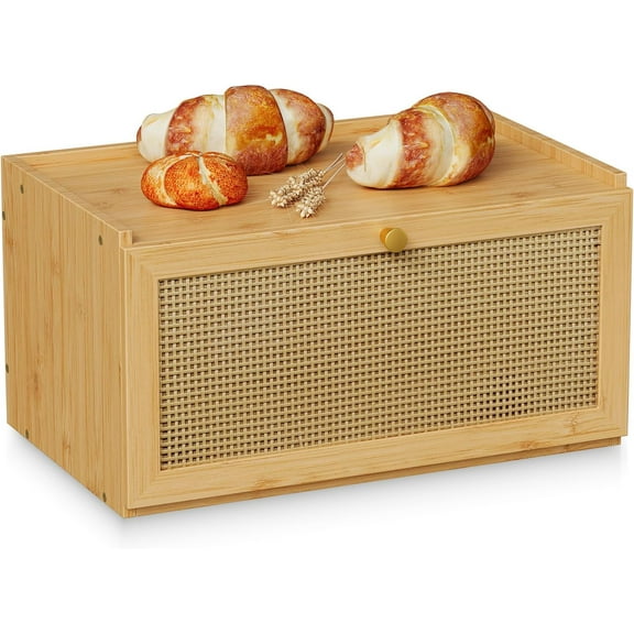 Rattan Bamboo Bread Box for Kitchen Counter Large Capacity Bread Storage Bin Farmhouse Bread Storage Container Rustic Bread Holder (Natural Bamboo)