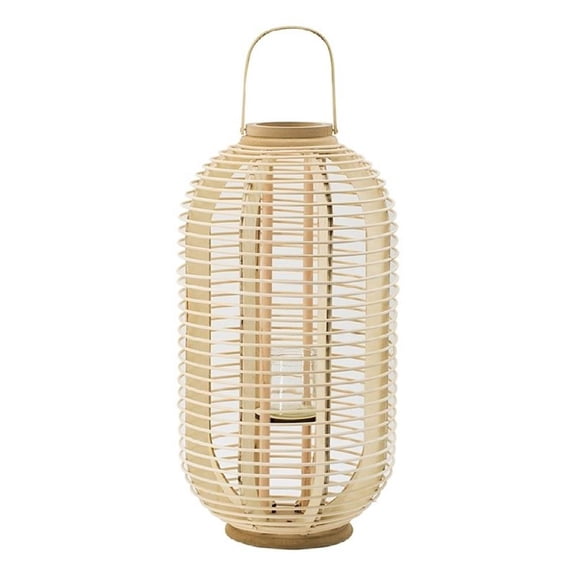 Rattan Bamboo Lantern with Glass Insert- Natural Beige Open Weave Frame