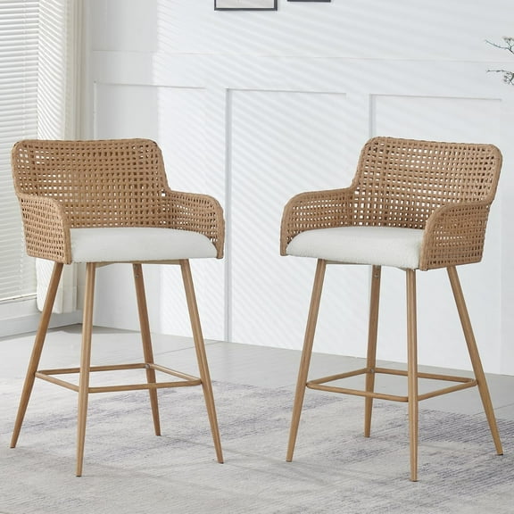 Rattan Bar Stools Set of 2,26'' Counter Height Bar Stools with PE Rattan Back and Metal Legs, Uphlostered Boucle Fabric Counter Height Stool for Kitchen Island, Brown