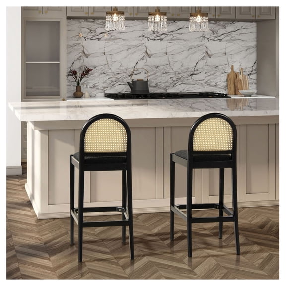 Rattan Bar Stools Set of 2, 30.5" Curved Back Counter Stools - Ebony Black Boucle, Cane Webbing, Solid Oak Frame, Modern Farmhouse Kitchen Island Chairs
