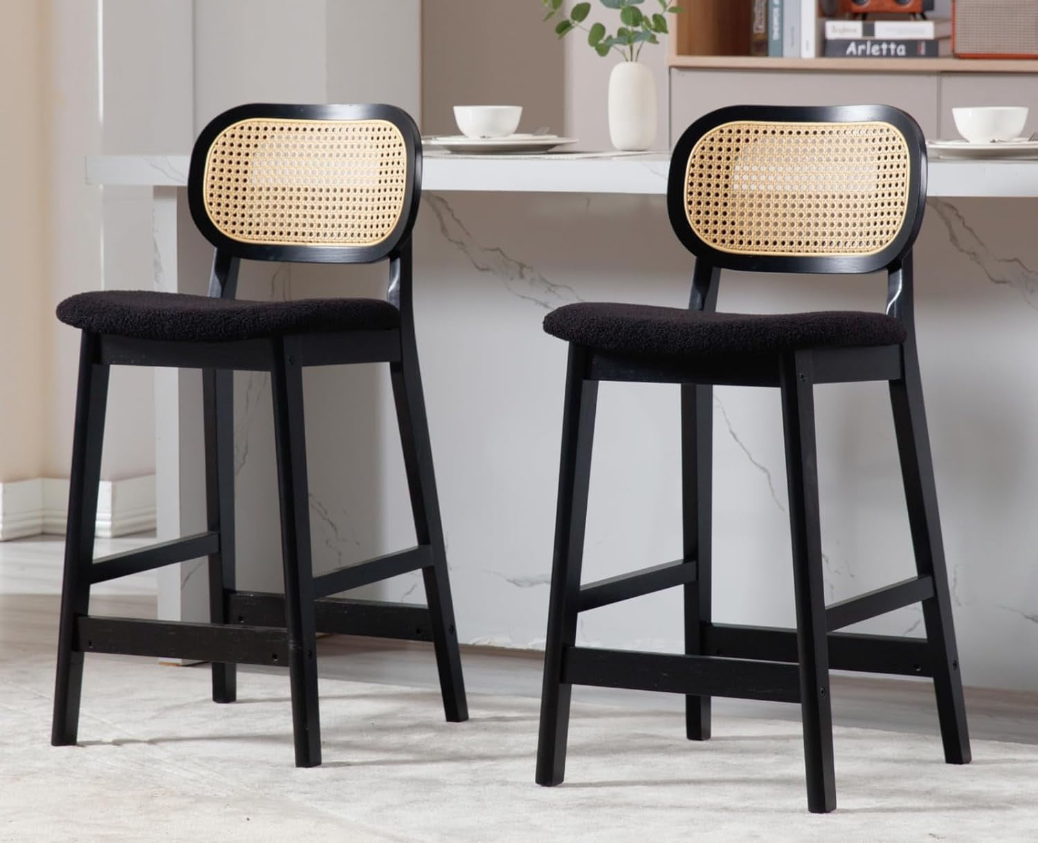 Rattan Bar Stools Set of 2 Farmhouse Wood Barstools Boho Kitchen Island Stools Comfortable ...