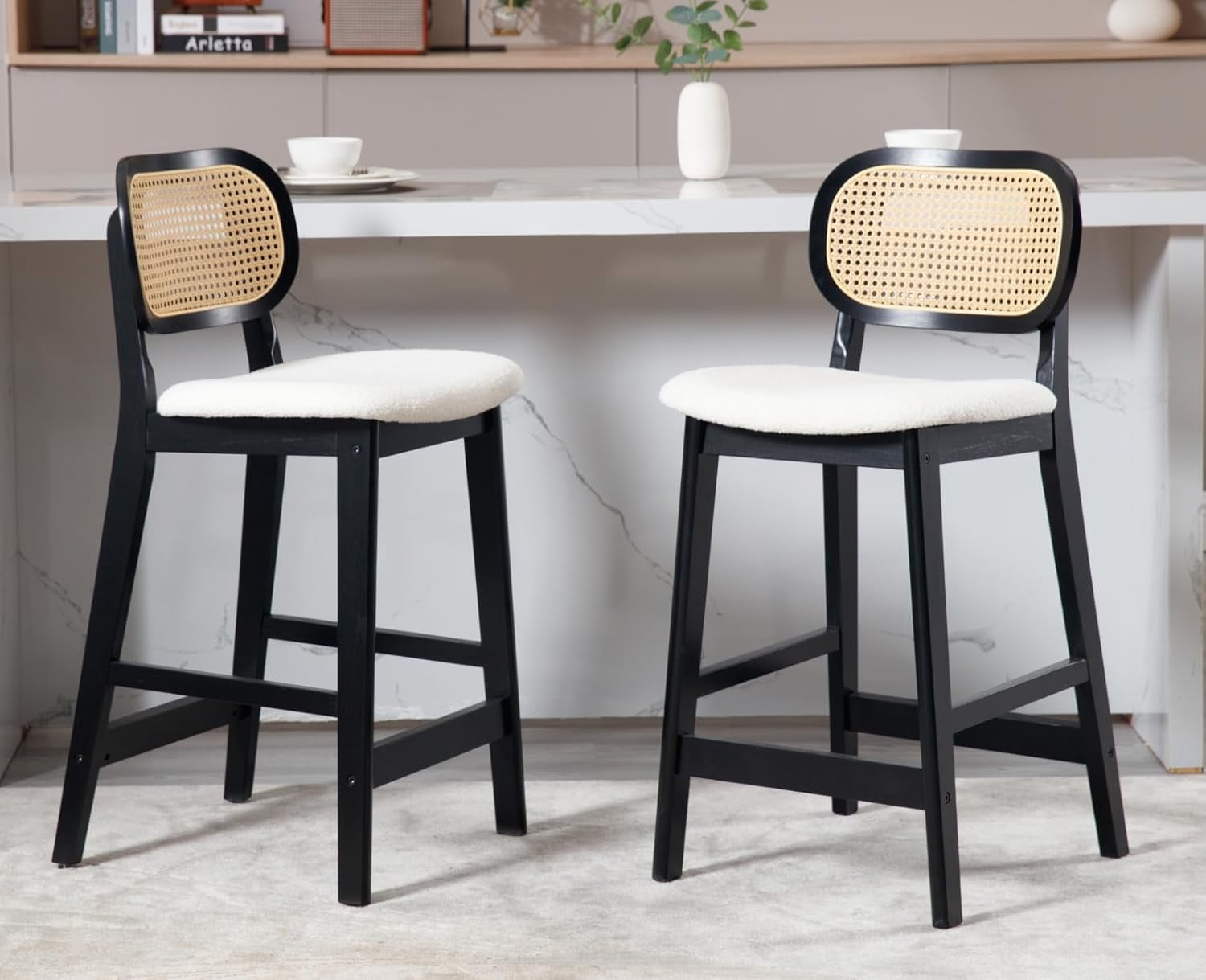 HOMCOM Rattan Bar Stools Set Of 2 - 26 Inch Counter Height, Boho Wicker Seats, Yellow, Steel Frame