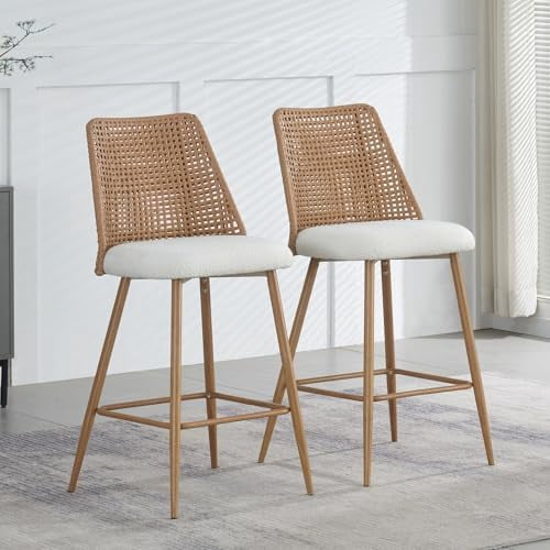 Set Of 2 Rattan Counter Stools - 26" Height Upholstered Boucle Bar Stools With Metal Legs