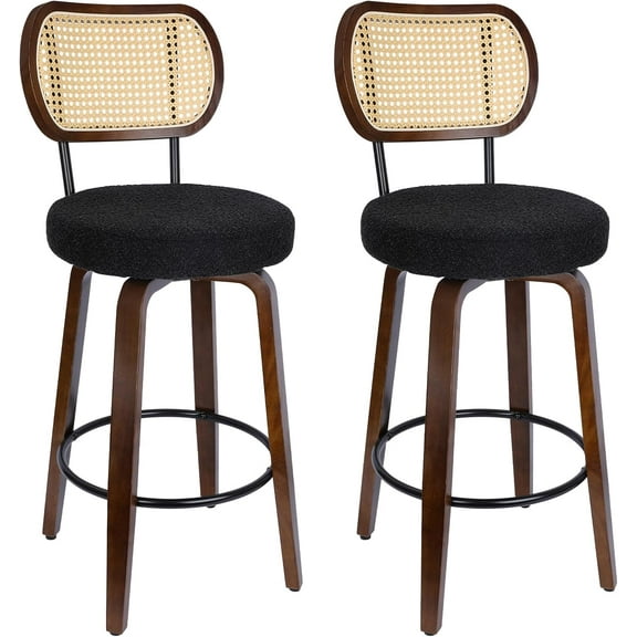 Rattan Bar Stools Set of 2, Swivel Counter Height Barstools with Back, Farmhouse Upholstered Kitchen Chairs with Back & Footrest, Mid Century Modern Wood Bar Chairs for Kitchen Island Black