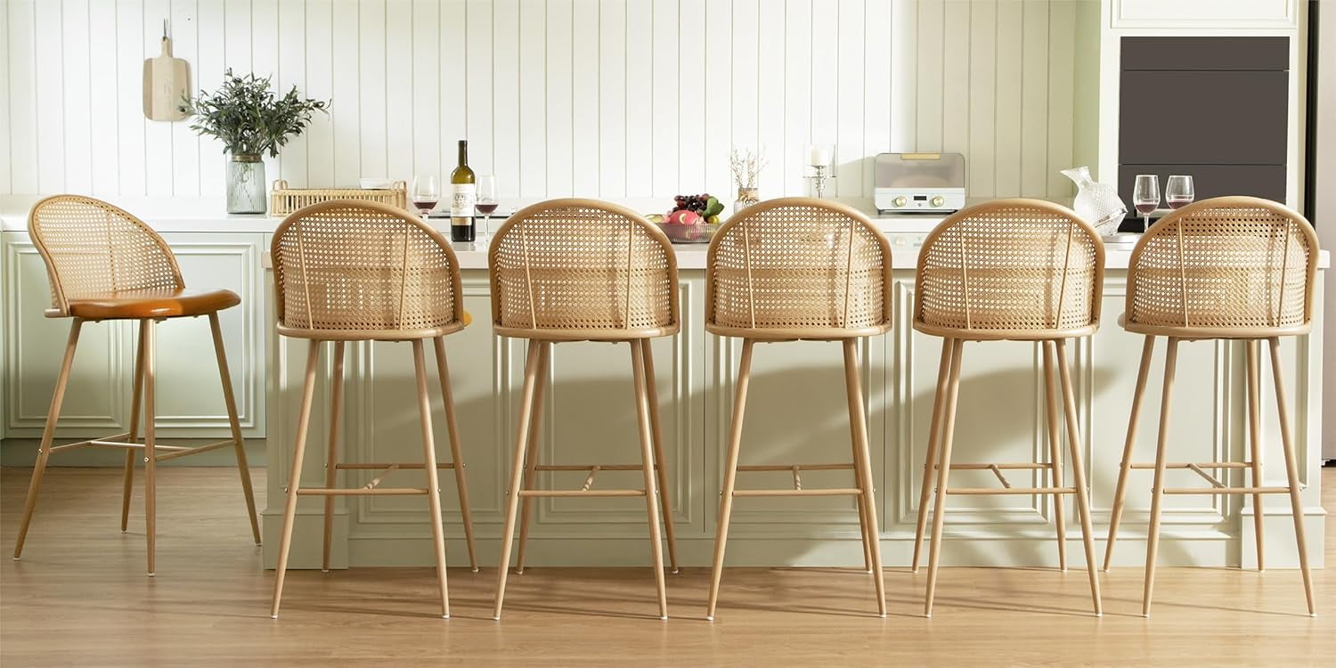 Rattan Bar Stools Set of 4, 29" Boho Counter Bar Height Stools - Modern ...