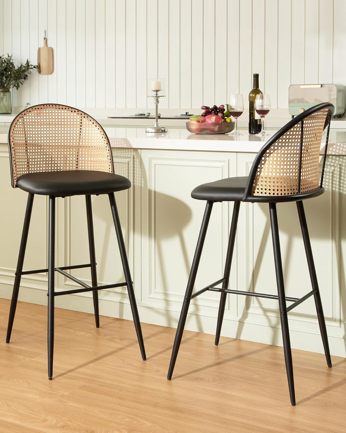 Rattan Bar Stools Set of 4, 29" Boho Counter Bar Height Stools - Modern ...