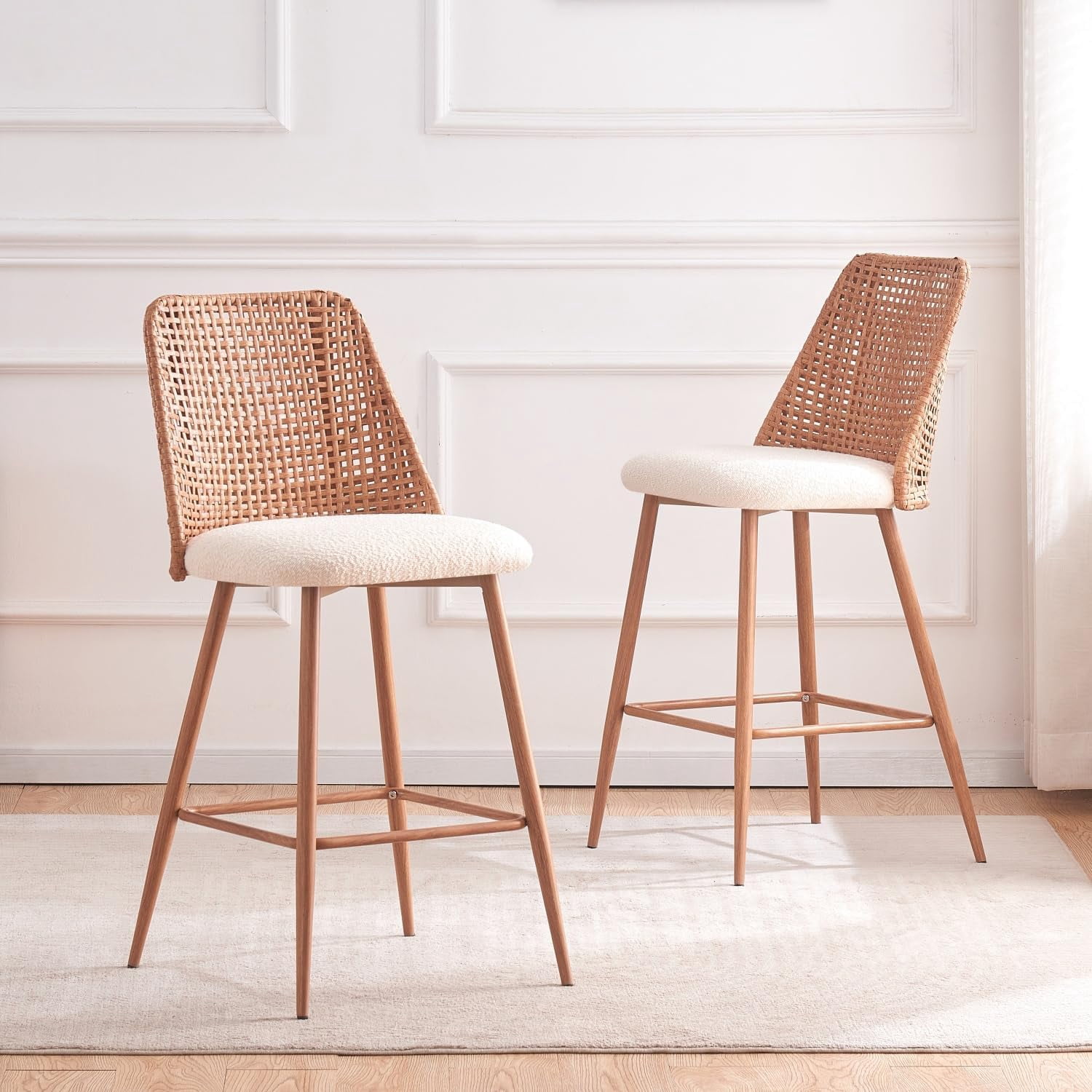 Rattan Bar Stools Set of 2,26-Inch Counter Height Bar Stool with PE ...