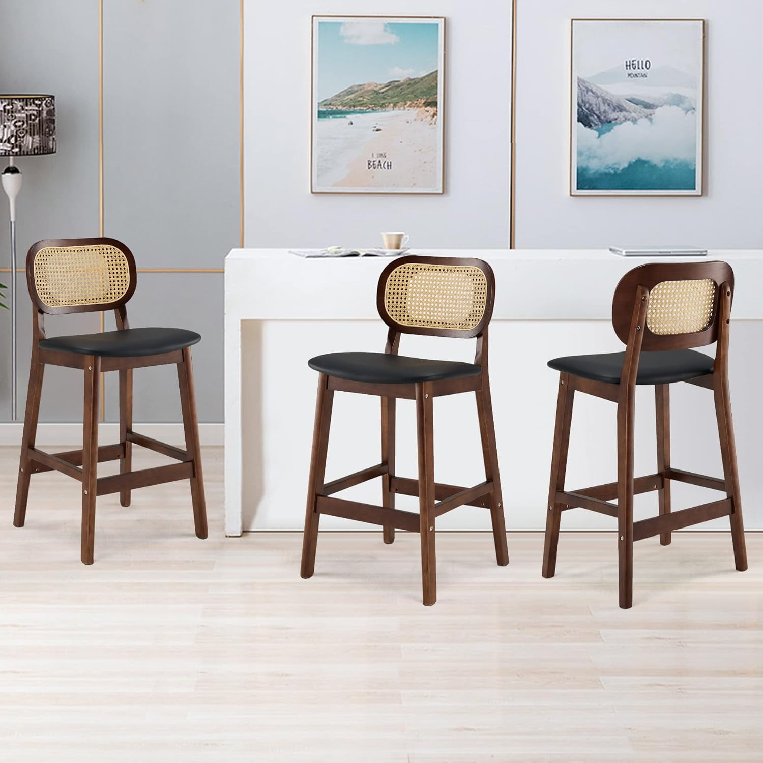 25" Black Faux Leather and Rattan Counter Height Bar Stools, Set of 3