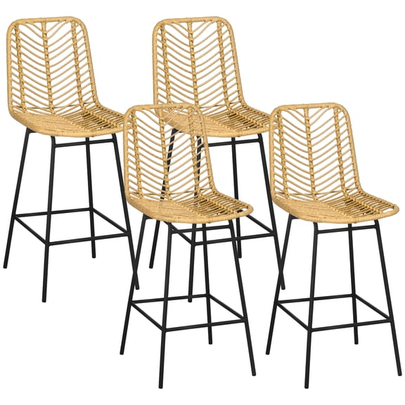 Rattan Bar Stools Set of 4, 26" Counter Height, Boho Kitchen Island Stools with Breathable Wicker Seat and Back - Yellow