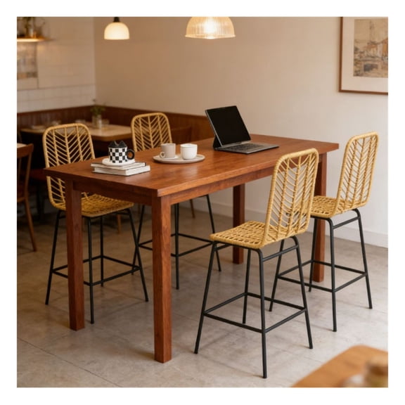 Rattan Bar Stools - Yellow Set of 4 - Counter Height 40.25", PE Rattan Dining Chairs - Kitchen Island Stools with Footrest & Steel Frame