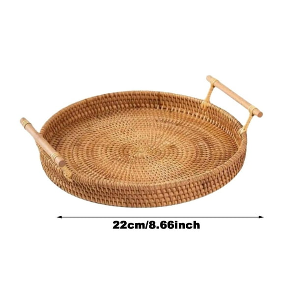 Rattan Basket 1Pc Hand Woven Rattan Serving Tray Decorative Round Rattan Storage Plate With Handles Rustic Breakfast Fruit Snack Coffee Tea Baskets