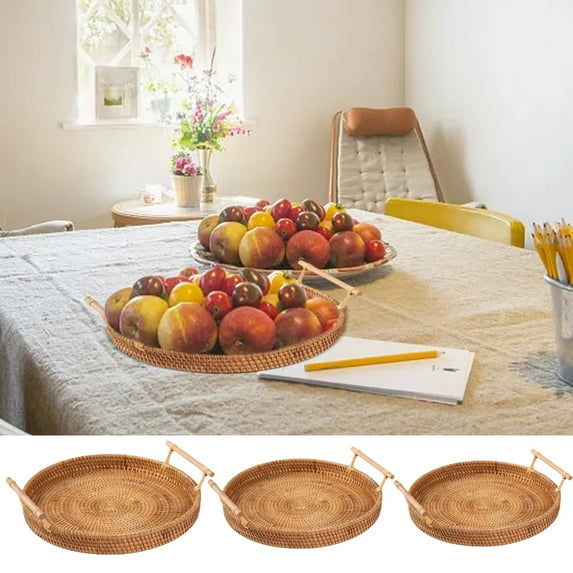 Rattan Basket 1Pc Hand Woven Rattan Serving Tray Decorative Round Rattan Storage Plate With Handles Rustic Breakfast Fruit Snack Coffee Tea Baskets Home Textile Storage