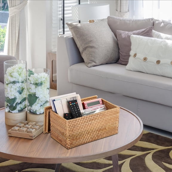 Rattan Basket Box with Lid Toilet Roll Storage Baskets Bin Handwoven Wicker Basket Box Bathroom Toilet Paper Holder Rectangular Baskets Bin for Shelf Home Decor