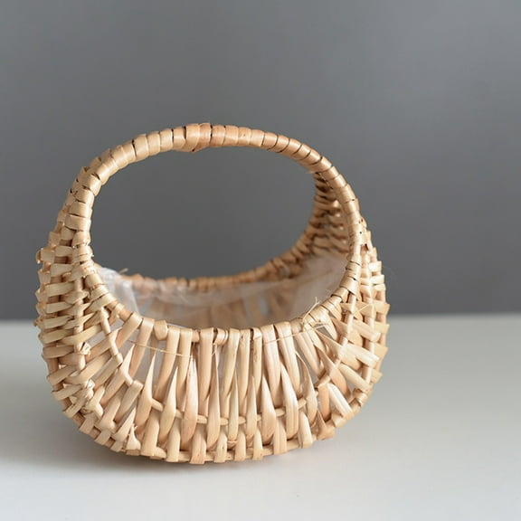 Rattan Basket Half Moon Wicker Basket Willow Straw Basket Small Woven Basket with Handle Wedding Flower Girl Baskets Sturdy Picnic Basket for Garden Storage Home Decor
