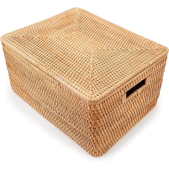 Rattan Basket with Lid - 18" L x 13" W x 12" H, Rattan Storage Basket, Large Wicker Basket with Lid, Rattan Baskets for Storage, Wicker Storage Basket with Lids, and Rattan Box with Lid