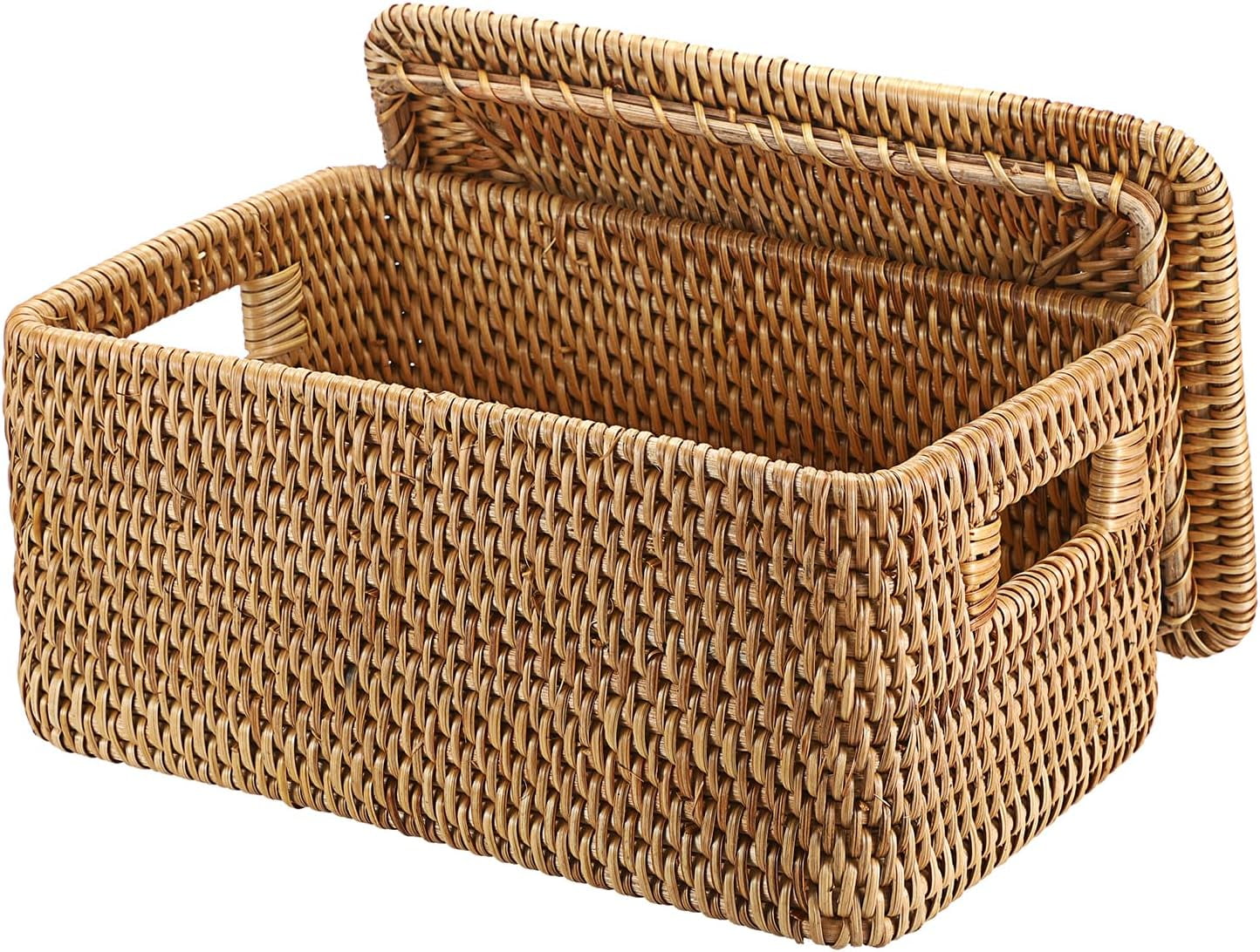 Rattan Basket with Lid Rectangular Lidded Basket Natural Hand-Woven ...