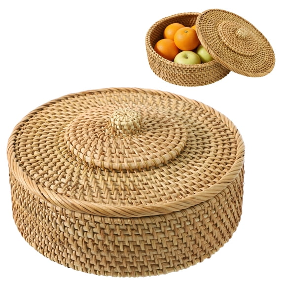 Rattan Basket with Lid, Woven Rattan Storage Basket, Small Lidded Wicker Organizer Box, Natural Woven Decorative Storage Bin for Tabletop, Counter, Shelf, 10.8x5.1"