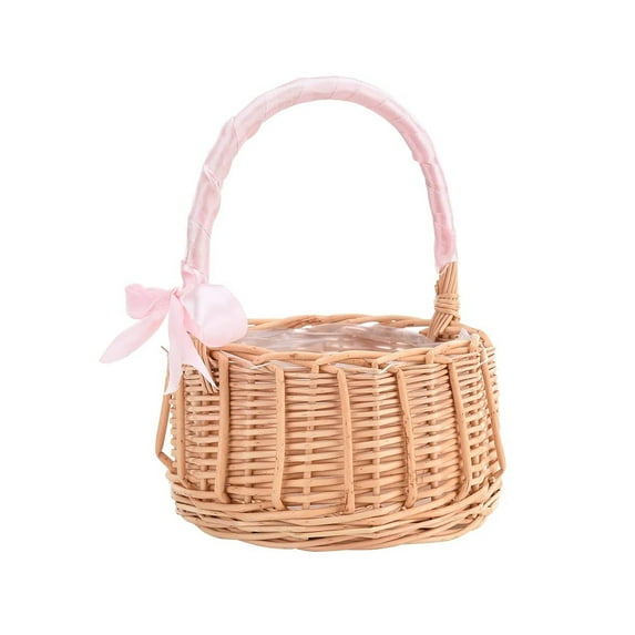 Rattan Basket , Wicker Basket Straw Basket Small Woven Basket with Handle Wedding Flower Girl Baskets Sturdy Picnic Basket for Garden Storage Home Decor Pink S
