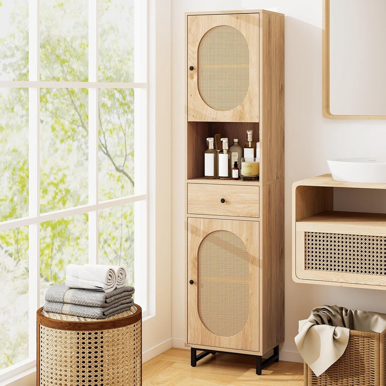 Rattan Bathroom Cabinet, 67" Tall Narrow Cabinet Organizer, Boho Linen