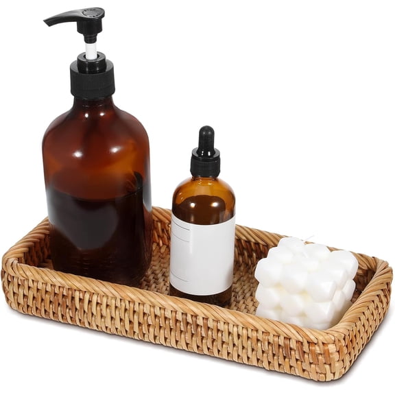 Rattan Bathroom Vanity Tray, 10 Inch Natural Water Hyacinth Toilet Tank Baskets Decorative Wicker Vintage Storage Basket Topper Bins for Bathroom Kitchen Countertop Table