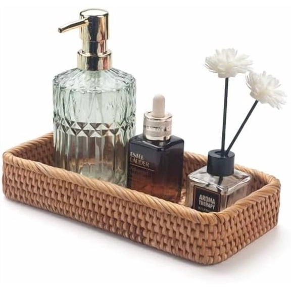 Rattan Bathroom Vanity Trays Toilet Tank Baskets Long Narrow Hand Towel Storage Basket for Storage, Decorative (Natural 10.2 x 4.9 x 1.6 inch)