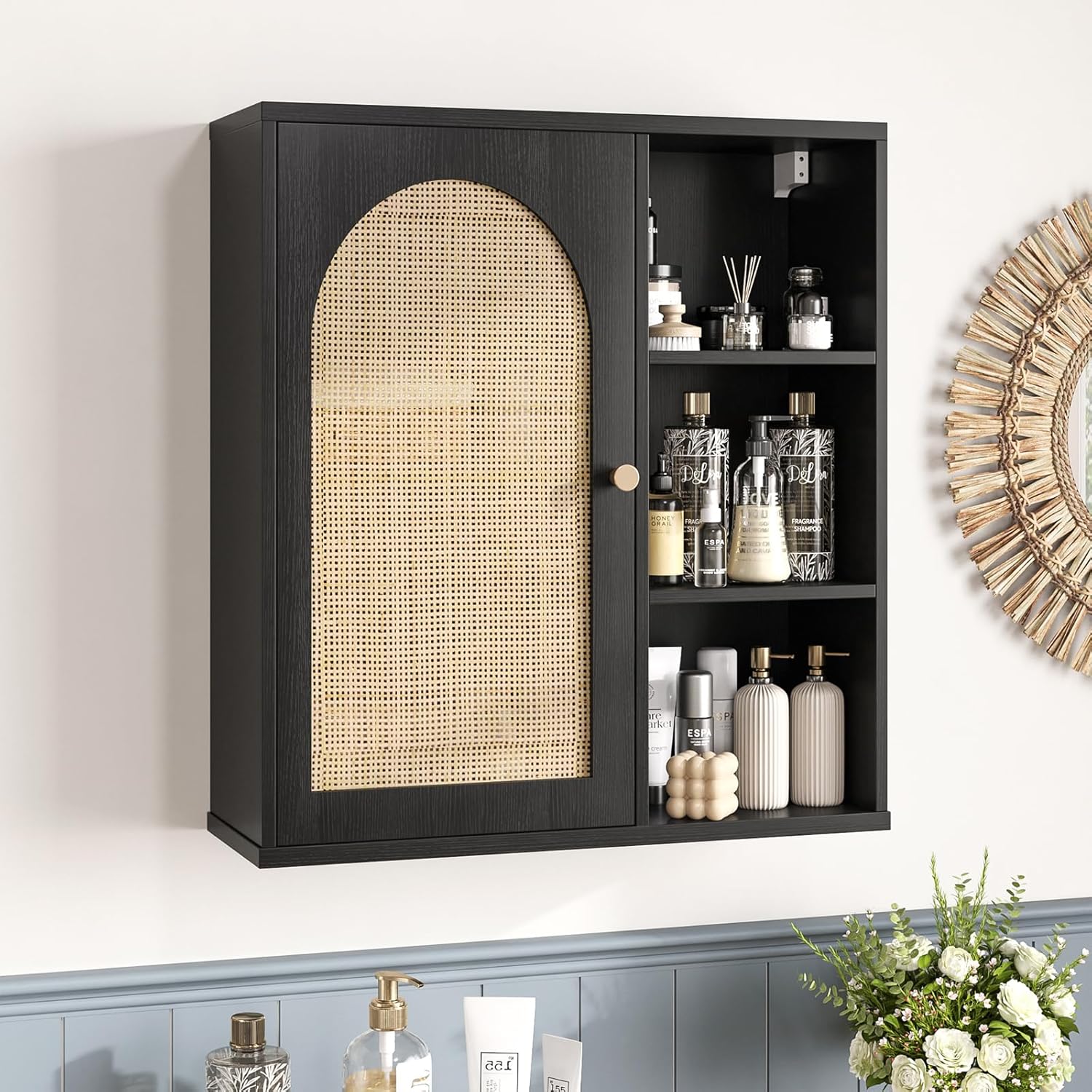 Rattan Bathroom Wall Cabinet, Boho Medicine Cabinet with Ached Doors ...
