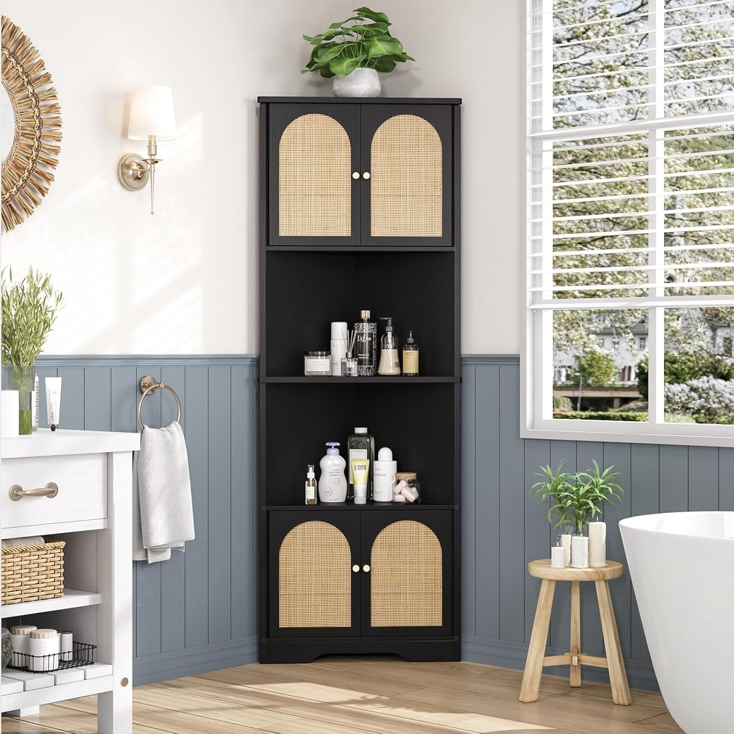 Rattan Bathroom Wall Cabinet, Boho Medicine Cabinet with Ached Doors and Adjustable Shelves ...