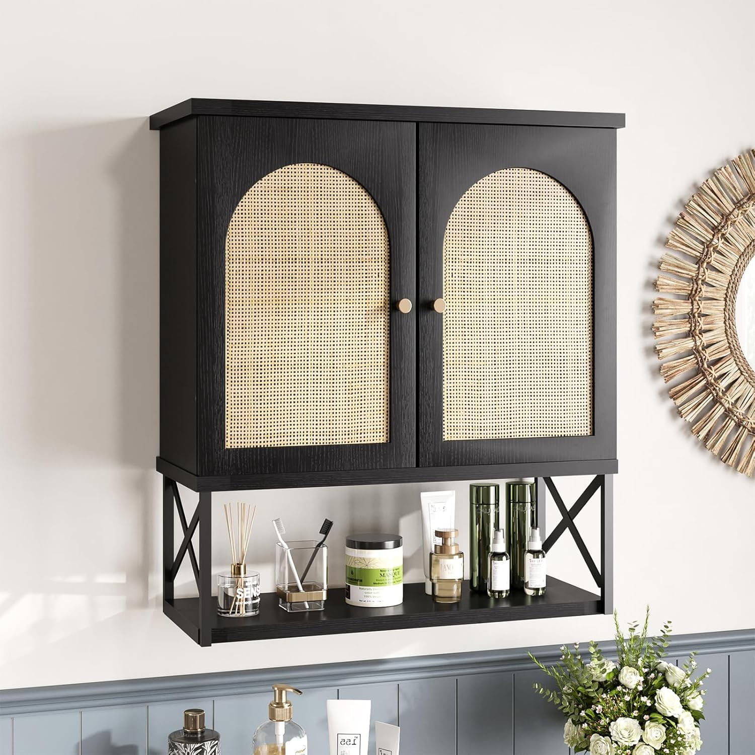 Rattan Bathroom Wall Cabinet, Boho Medicine Cabinet with Aeched Doors ...
