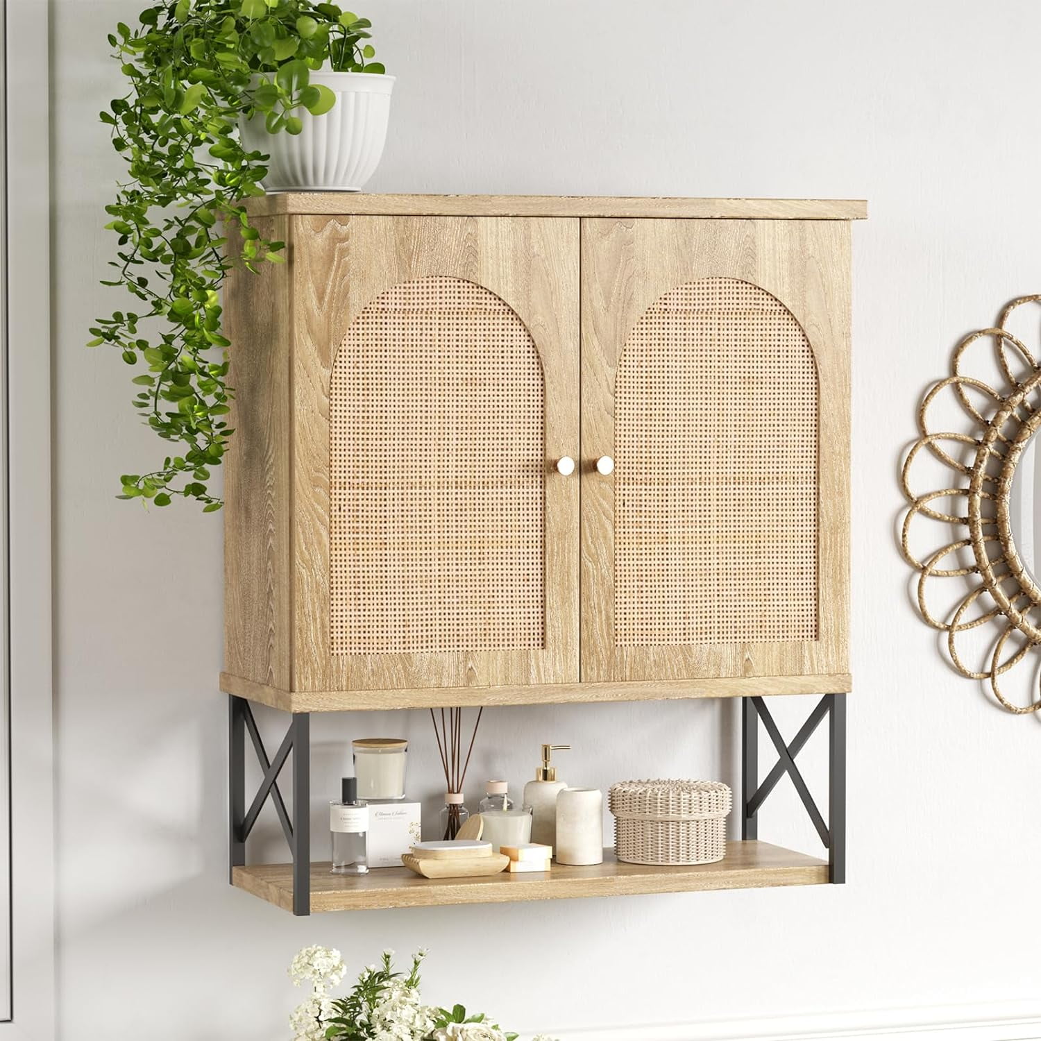 Rattan Bathroom Wall Cabinet, Boho Medicine Wall Cabinet with Double ...