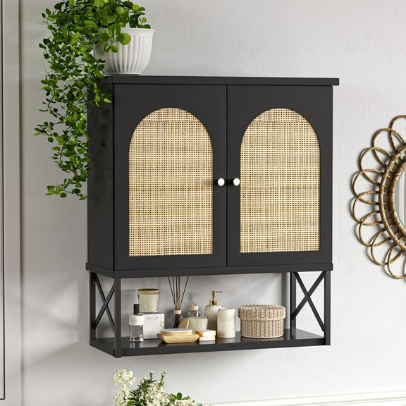 Rattan Bathroom Wall Cabinet, Boho Medicine Wall Cabinet with Double Doors and Adjustable Shelves, Tall Kitchen Wall Mounted Storage Cabinet, Floating Space Saver Over Toilet, Black