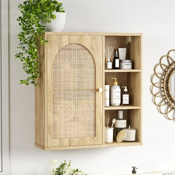 Rattan Bathroom Wall Cabinet with Door, Boho Medicine Wall Cabinets with Adjustable Shelves, Tall Kitchen Wall Mounted Storage Cabinet, Floating Hanging Cabinet Space Saver for Laundry Room, Natural