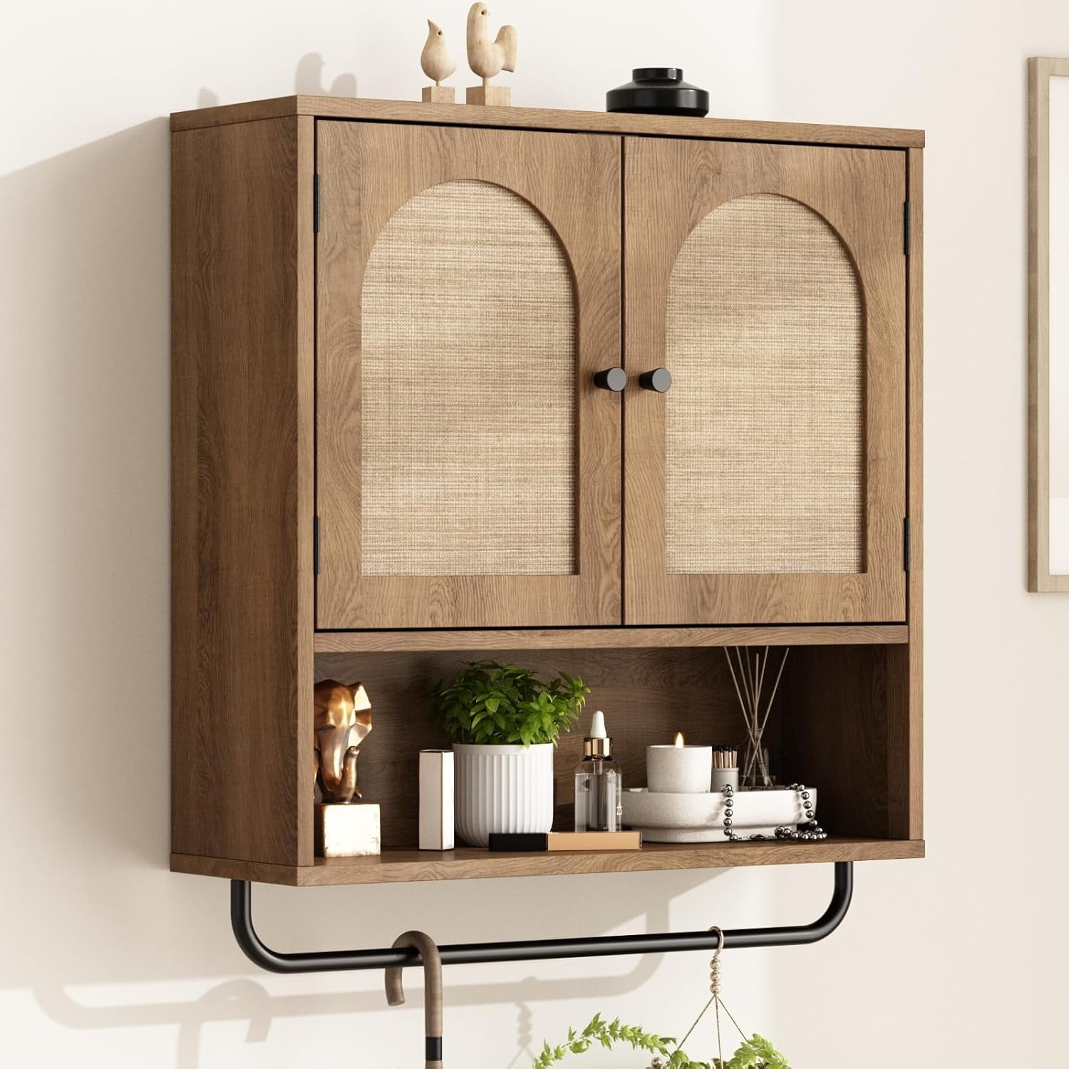 Rattan Bathroom Wall Cabinet,  Medicine Cabinet with 2 Arched Doors, Farmhouse Over The Toilet Storage Cabinets with Adjustable Shelves & Towel Bar, 3-Tier Wall Mounted Cabinets