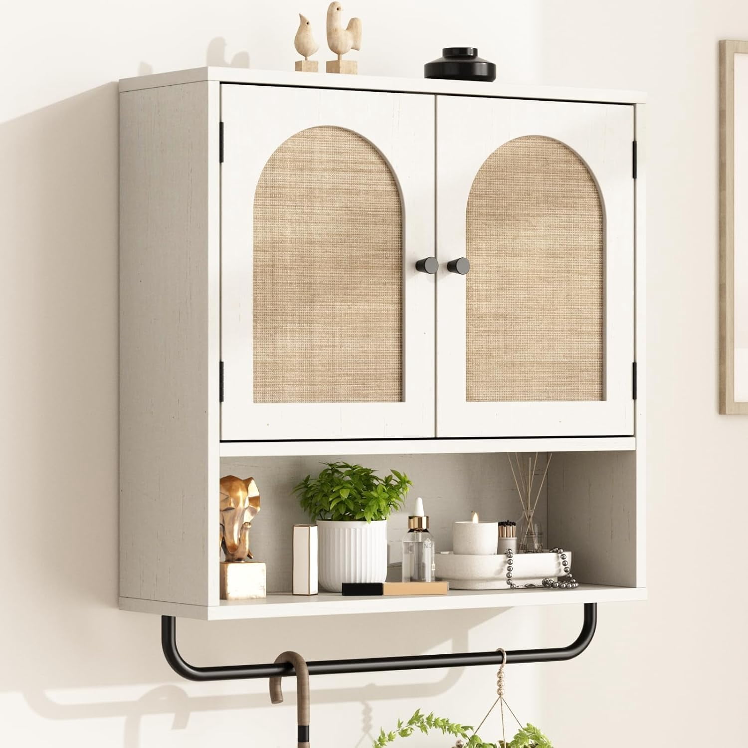 Rattan Bathroom Wall Cabinet,  Medicine Cabinet with 2 Arched Doors, Farmhouse Over The Toilet Storage Cabinets with Adjustable Shelves & Towel Bar, 3-Tier Wall Mounted Cabinets