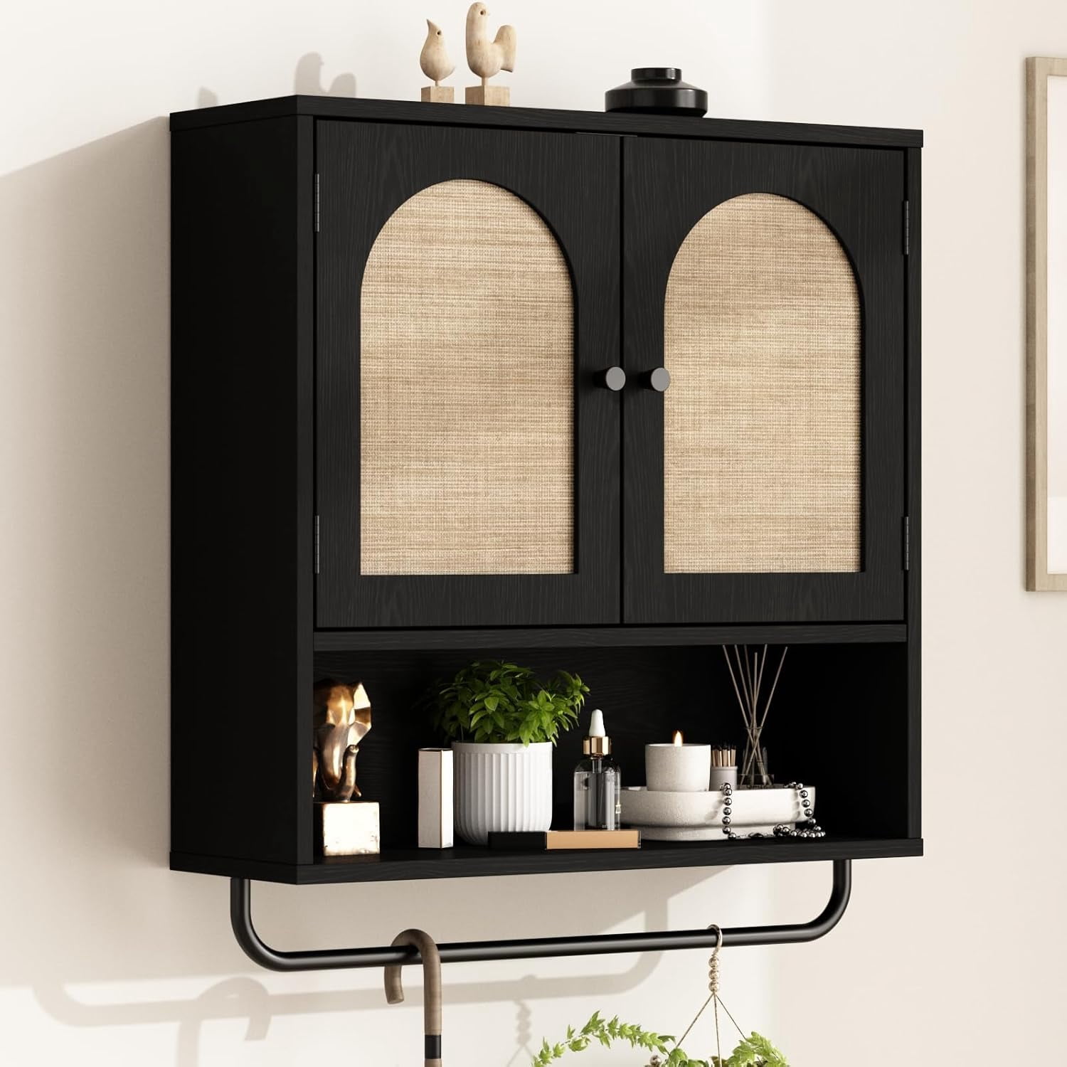 Rattan Bathroom Wall Cabinet,  Medicine Cabinet with 2 Arched Doors, Farmhouse Over The Toilet Storage Cabinets with Adjustable Shelves & Towel Bar, 3-Tier Wall Mounted Cabinets