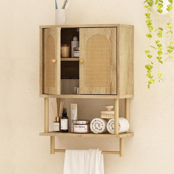 Rattan Bathroom Wall Cabinet, Modern Boho  Cabinet with Two Arched Rattan Doors, Over The Toilet Storage Cabinet with Adjustable Shelf and Towel Bar for Bathroom (, Small)