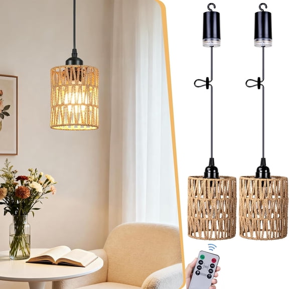 Rattan Battery Operated Chandelier, Adjustable Hanging Pendant Light with Warm White Bulb, 4*AA Battery Powered, for Gazebo Pergola Porch Patio Outdoor Indoor Decor Dining Room Hallway