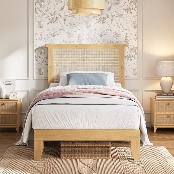 Rattan Bed Frame, Bohemian Rattan Bed Frame with Natural Headboard, LED Lights, No Box Spring Needed