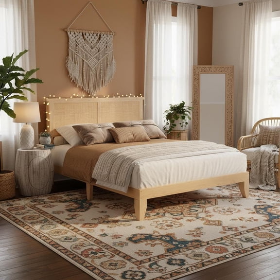 Rattan Bed Frame Full with Natural Rattan Headboard -Bohemian Rattan Bed Frame with LED Lights -Wood Foundation with Silent Slats -No Box Spring Needed (Full)