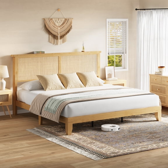 Rattan Bed Frame King Size Natural Rattan Headboard with LED Lights, Bohemian Platform Bed with Sturdy Wood Slats No Box Spring Needed for Bedroom
