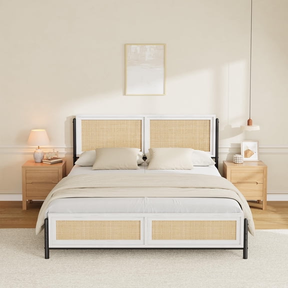 Rattan Bed Frame Queen with Natural Rattan Headboard and Footboard, Boho Platform Bed Frame with Metal Slats, Wooden Side Rails, Underbed Storage, Noise Free, Easy Assembly